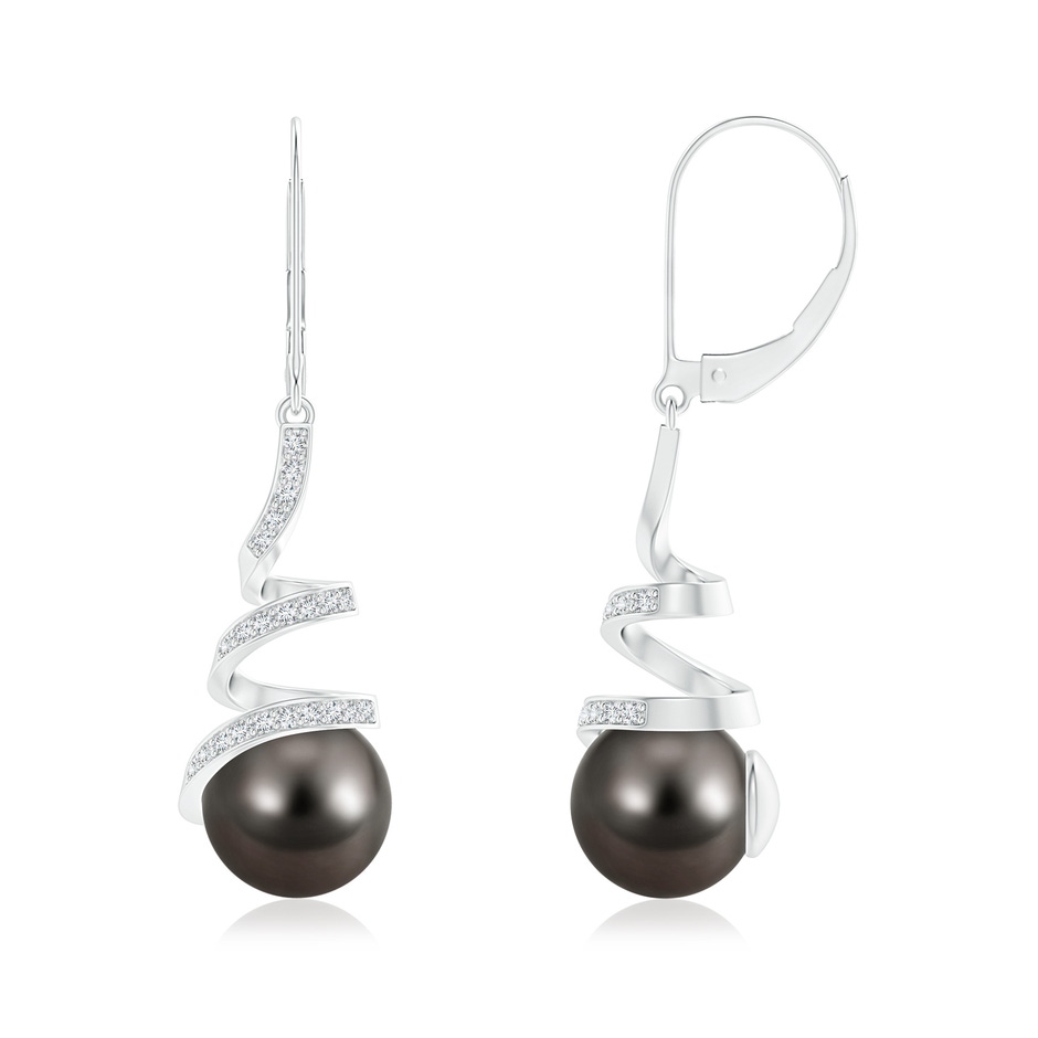 9mm AAA Tahitian Pearl Spiral Ribbon Drop Earrings in White Gold 