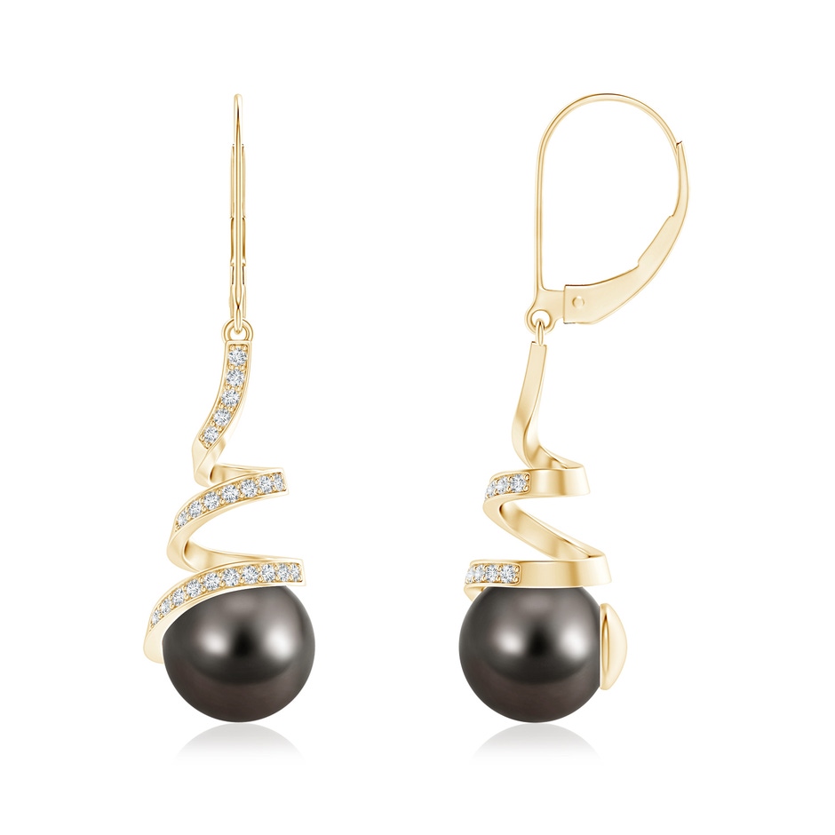 9mm AAA Tahitian Pearl Spiral Ribbon Drop Earrings in Yellow Gold 