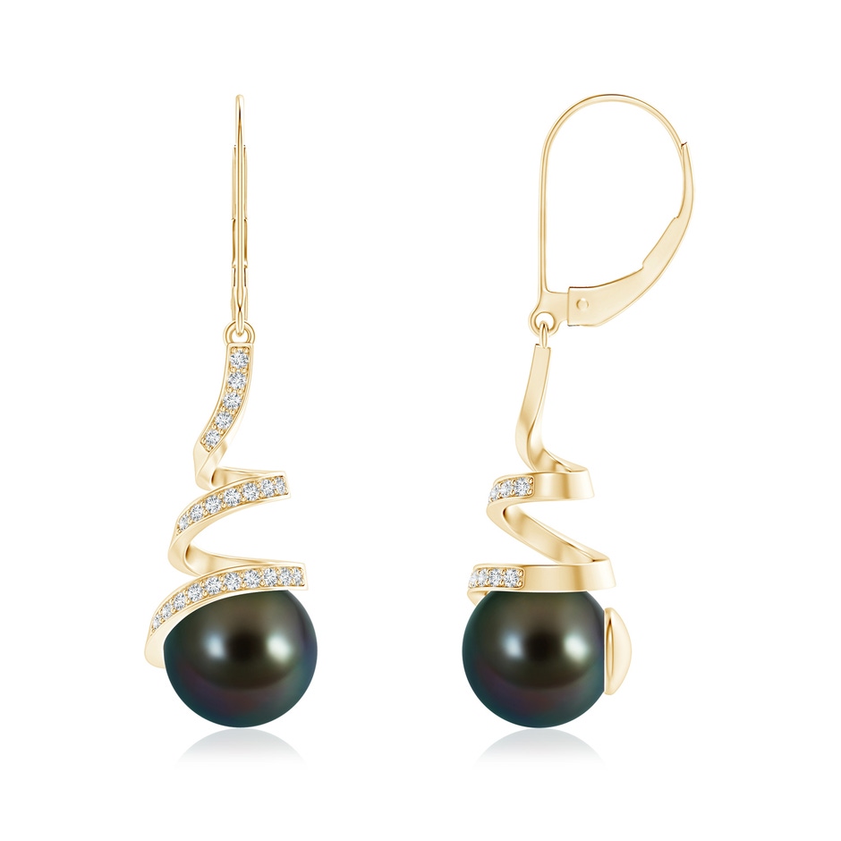9mm AAAA Tahitian Pearl Spiral Ribbon Drop Earrings in Yellow Gold 