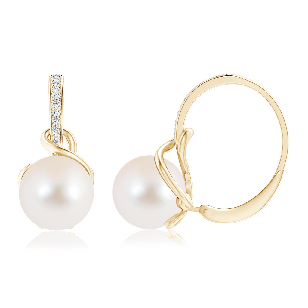10mm AAA Solitaire Freshwater Pearl Leverback Earrings in Yellow Gold