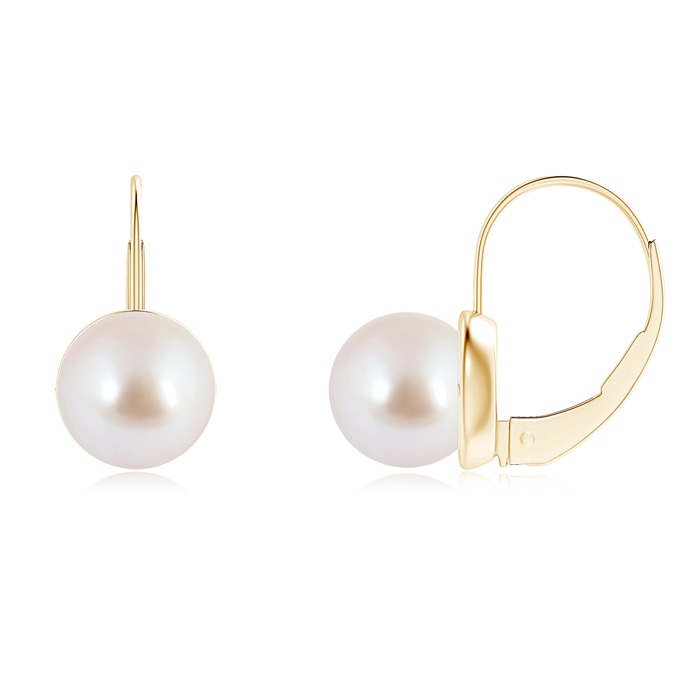 8mm AAA Classic Akoya Cultured Pearl Leverback Earrings in Yellow Gold 