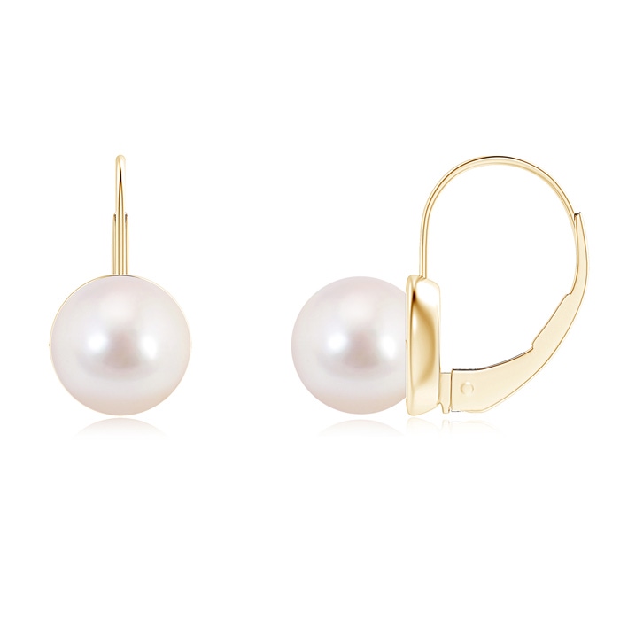 8mm AAAA Classic Akoya Cultured Pearl Leverback Earrings in Yellow Gold 
