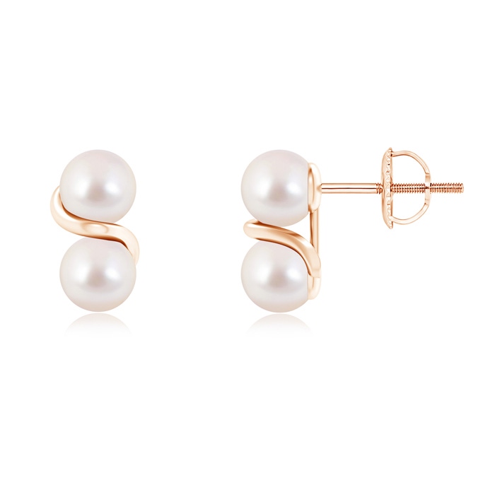 5mm AAAA Two Stone Japanese Akoya Pearl Earrings with Metal Swirl in Rose Gold