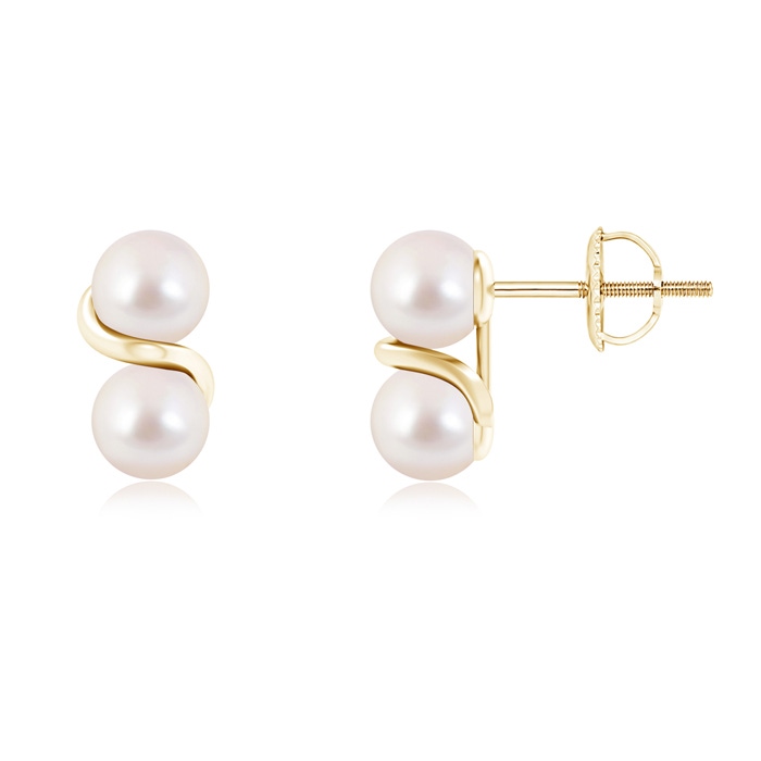 5mm AAAA Two Stone Japanese Akoya Pearl Earrings with Metal Swirl in Yellow Gold