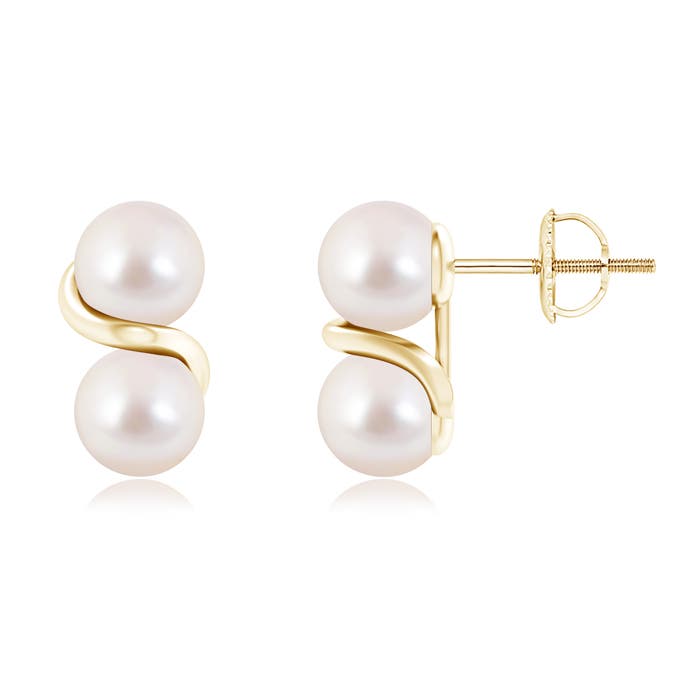 Two Stone Japanese Akoya Pearl Earrings with Metal Swirl | Angara