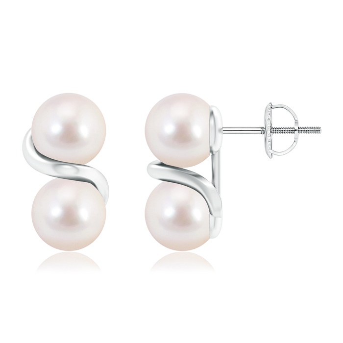 7mm AAAA Two Stone Japanese Akoya Pearl Earrings with Metal Swirl in White Gold