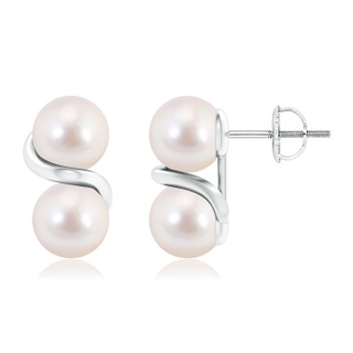 7mm AAAA Two Stone Japanese Akoya Pearl Earrings with Metal Swirl in White Gold