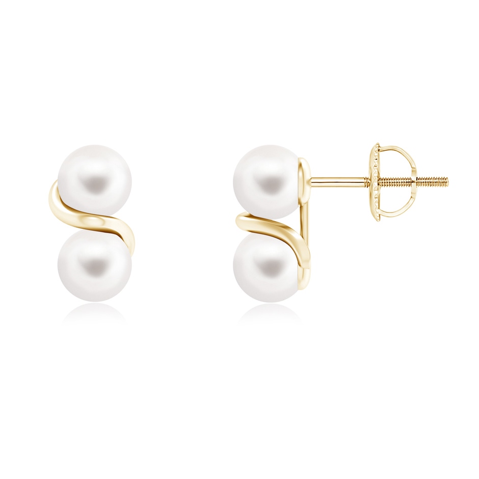 5mm AA Two Stone Freshwater Pearl Earrings with Metal Swirl in Yellow Gold 