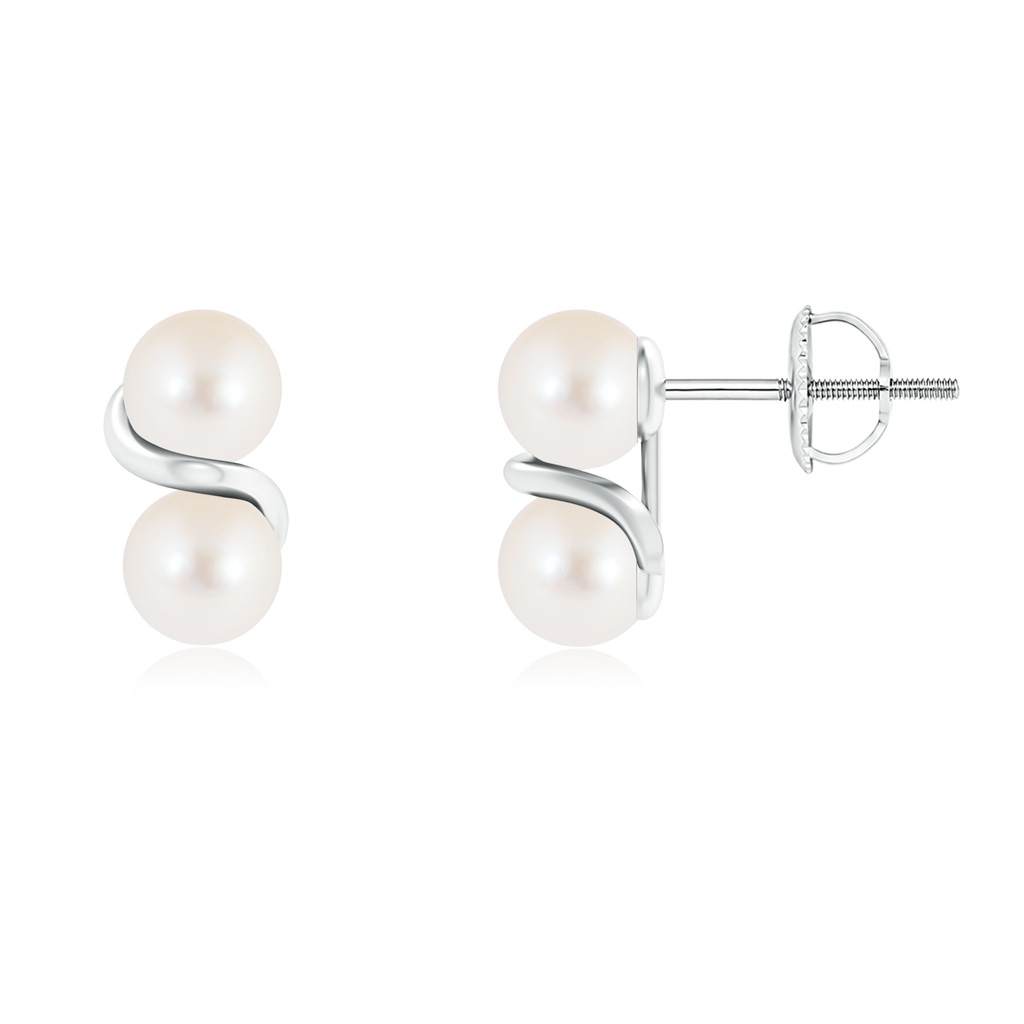 5mm AAA Two Stone Freshwater Pearl Earrings with Metal Swirl in White Gold