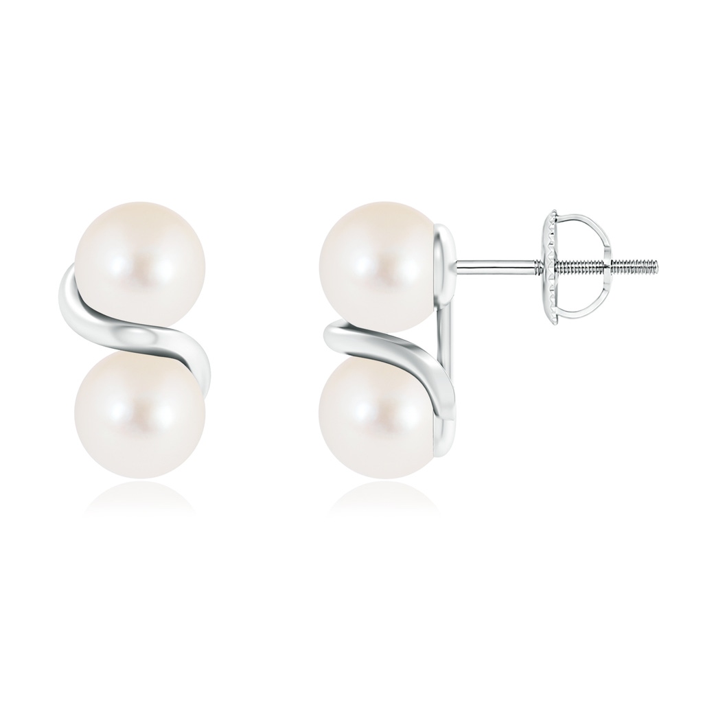 6mm AAA Two Stone Freshwater Pearl Earrings with Metal Swirl in 9K White Gold