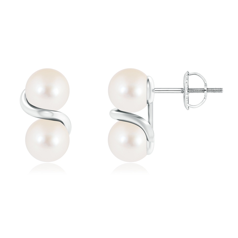 6mm AAA Two Stone Freshwater Pearl Earrings with Metal Swirl in White Gold 