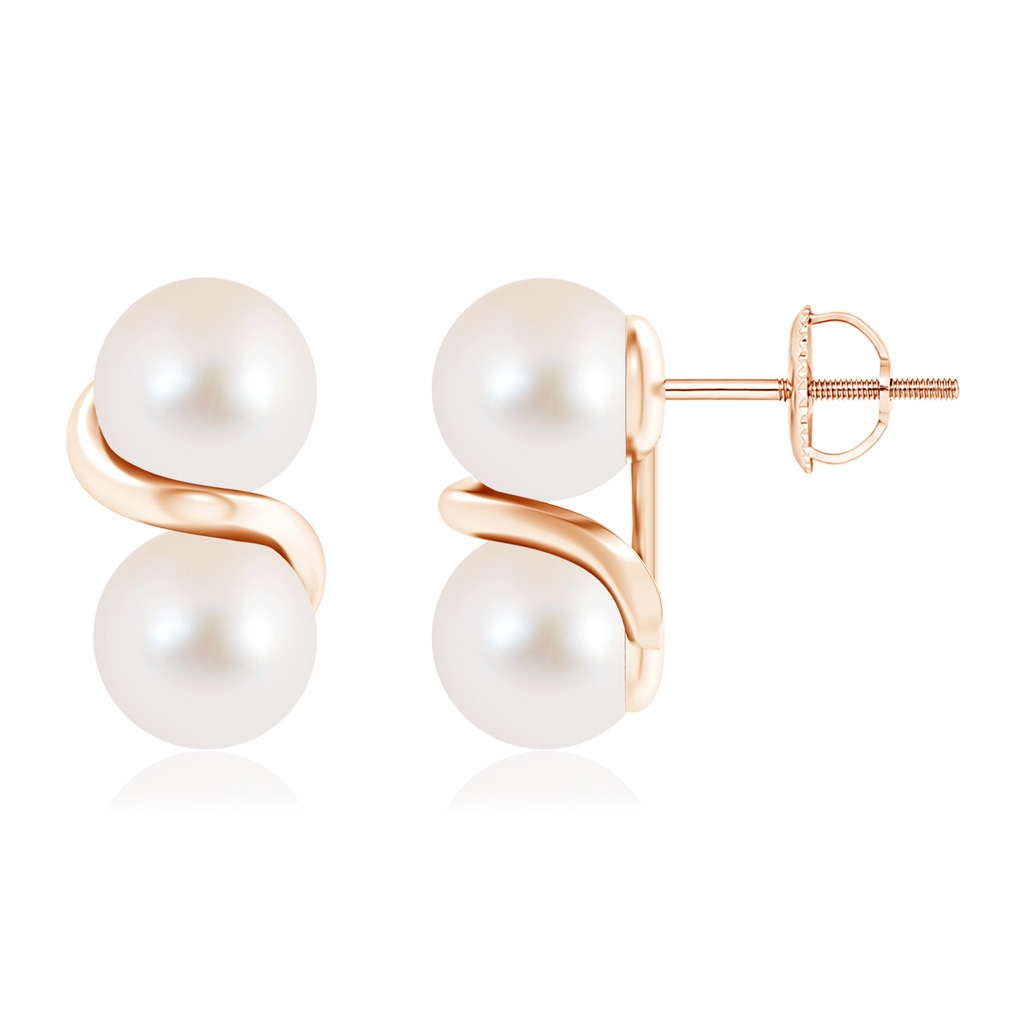 7mm AAA Two Stone Freshwater Pearl Earrings with Metal Swirl in Rose Gold 