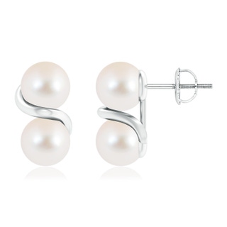 7mm AAA Two Stone Freshwater Pearl Earrings with Metal Swirl in White Gold