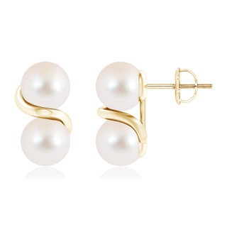 7mm AAA Two Stone Freshwater Pearl Earrings with Metal Swirl in Yellow Gold