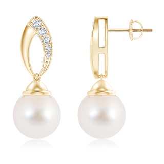 10mm AAA Freshwater Cultured Pearl Earrings with Diamond Petal Motif in Yellow Gold
