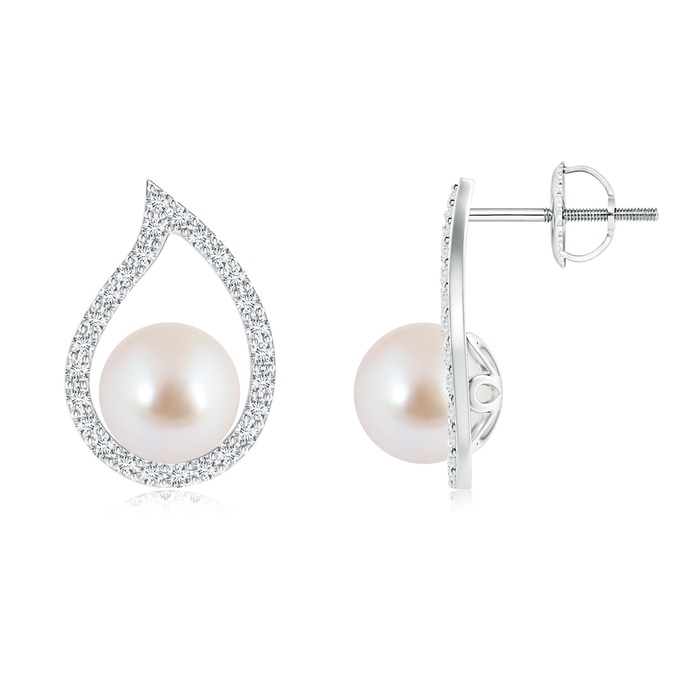 7mm AAA Paisley Framed Akoya Cultured Pearl Stud Earrings in White Gold