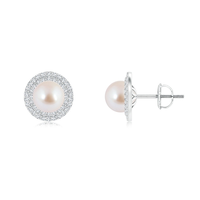 7mm AAA Akoya Cultured Pearl Double Halo Stud Earrings in White Gold