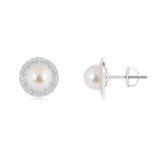 7mm AAA Akoya Cultured Pearl Double Halo Stud Earrings in White Gold