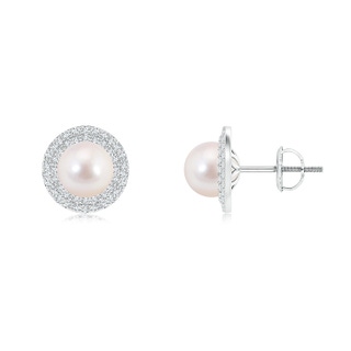 7mm AAAA Akoya Cultured Pearl Double Halo Stud Earrings in White Gold