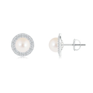 7mm AAA Freshwater Cultured Pearl Double Halo Stud Earrings in White Gold