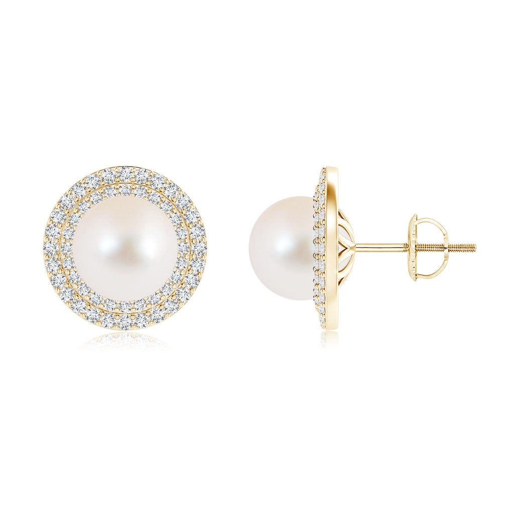 9mm AAA Freshwater Cultured Pearl Double Halo Stud Earrings in Yellow Gold