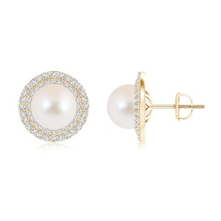 9mm AAA Freshwater Cultured Pearl Double Halo Stud Earrings in Yellow Gold