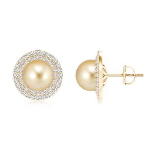 9mm AAAA Golden South Sea Cultured Pearl Double Halo Stud Earrings in Yellow Gold