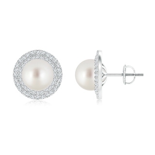 9mm AAA South Sea Cultured Pearl Double Halo Stud Earrings in White Gold