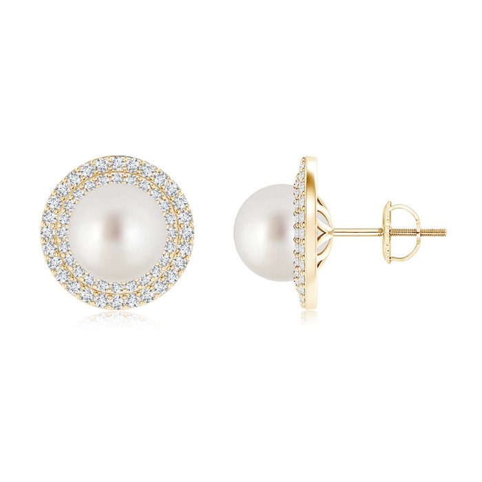 9mm AAA South Sea Cultured Pearl Double Halo Stud Earrings in Yellow Gold
