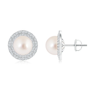 9mm AAAA South Sea Cultured Pearl Double Halo Stud Earrings in White Gold