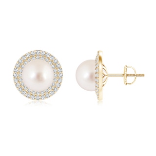 9mm AAAA South Sea Cultured Pearl Double Halo Stud Earrings in Yellow Gold