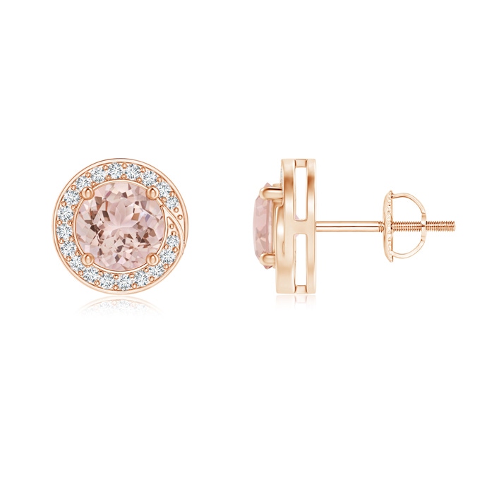 6mm AAA Round Morganite Spiral Stud Earrings with Diamond Halo in Rose Gold 