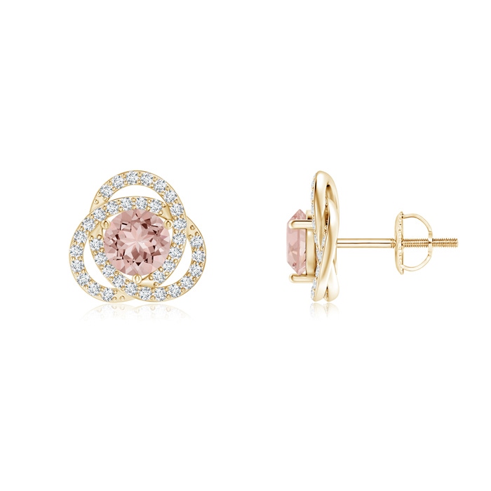 5mm AAAA Round Morganite Celtic Knot Stud Earrings with Diamond in Yellow Gold