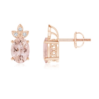 7x5mm AAA Oval Morganite Solitaire Studs with Diamond Leaf Motif in Rose Gold