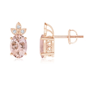 7x5mm AAAA Oval Morganite Solitaire Studs with Diamond Leaf Motif in Rose Gold