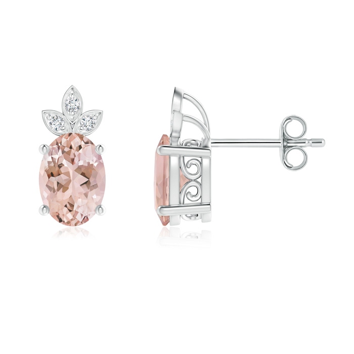 7x5mm AAAA Oval Morganite Solitaire Studs with Diamond Leaf Motif in S999 Silver 