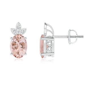 7x5mm AAAA Oval Morganite Solitaire Studs with Diamond Leaf Motif in White Gold