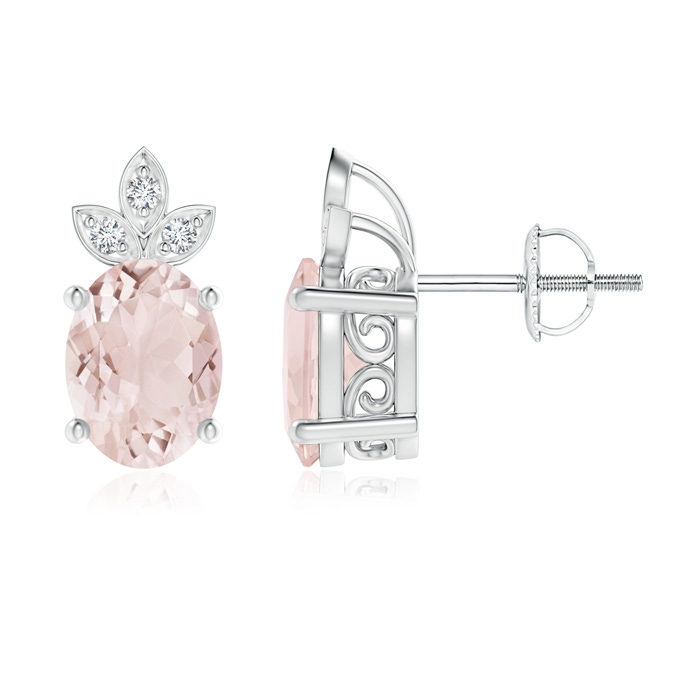 8x6mm A Oval Morganite Solitaire Studs with Diamond Leaf Motif in White Gold 
