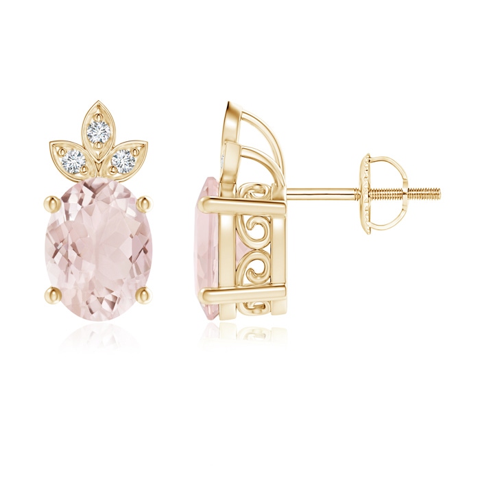 8x6mm A Oval Morganite Solitaire Studs with Diamond Leaf Motif in Yellow Gold 