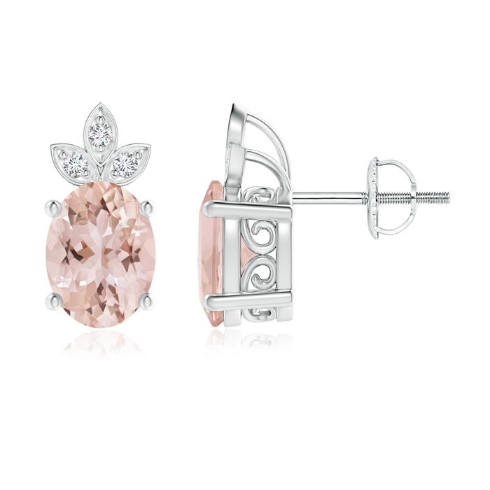 8x6mm AAA Oval Morganite Solitaire Studs with Diamond Leaf Motif in White Gold