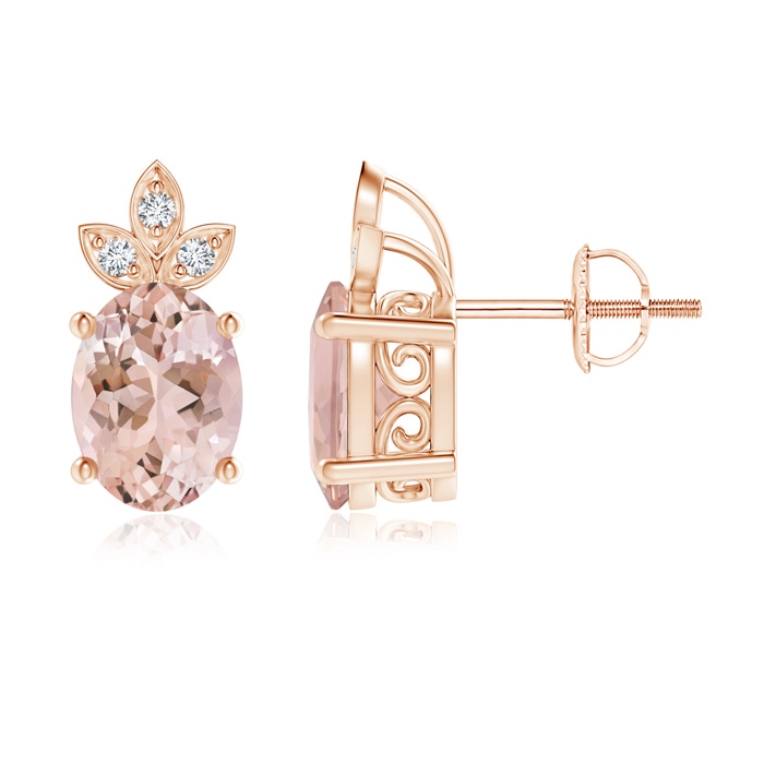 8x6mm AAAA Oval Morganite Solitaire Studs with Diamond Leaf Motif in Rose Gold