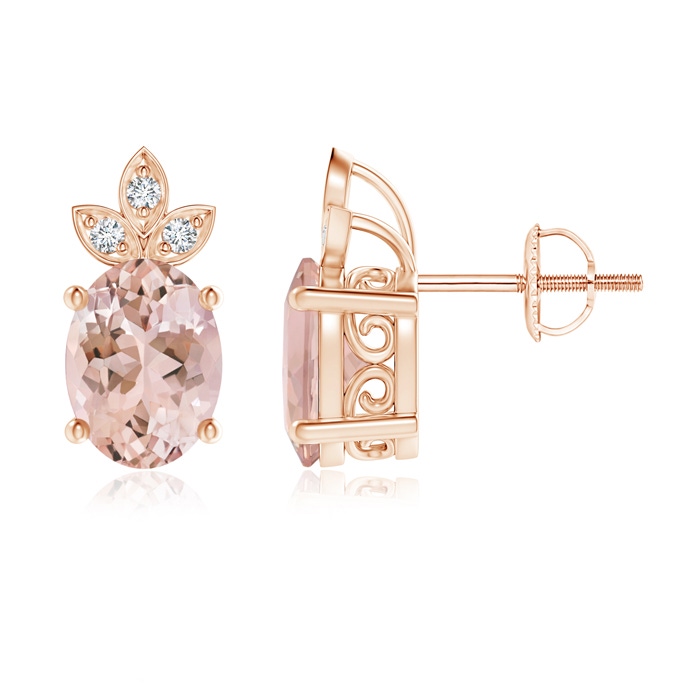 8x6mm AAAA Oval Morganite Solitaire Studs with Diamond Leaf Motif in Rose Gold 