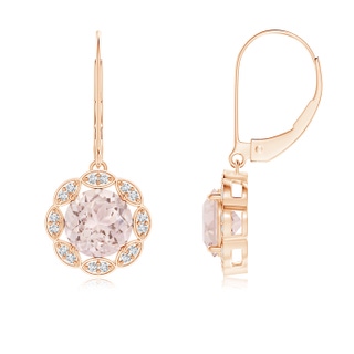 7mm A Morganite and Diamond Circular Drop Earrings with Leaf Motifs in Rose Gold