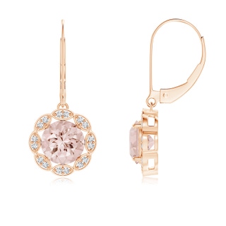 7mm AA Morganite and Diamond Circular Drop Earrings with Leaf Motifs in Rose Gold