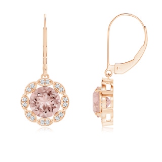 7mm AAAA Morganite and Diamond Circular Drop Earrings with Leaf Motifs in 9K Rose Gold