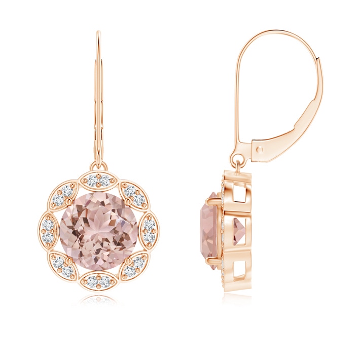 8mm AAA Morganite and Diamond Circular Drop Earrings with Leaf Motifs in Rose Gold