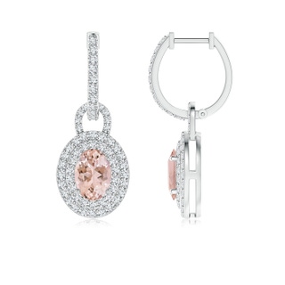 7x5mm AAAA Oval Morganite Hoop Dangle Earrings with Double Diamond Halo in P950 Platinum