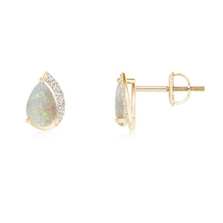 6x4mm AAA Solitaire Pear Opal Swirl Stud Earrings with Diamond Accents in 9K Yellow Gold