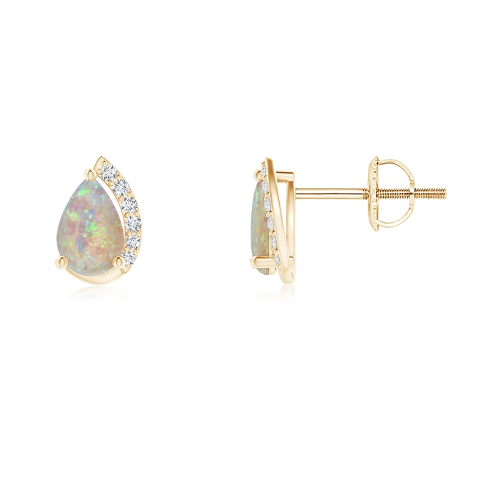 6x4mm AAAA Solitaire Pear Opal Swirl Stud Earrings with Diamond Accents in 9K Yellow Gold 