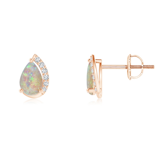 6x4mm AAAA Solitaire Pear Opal Swirl Stud Earrings with Diamond Accents in Rose Gold